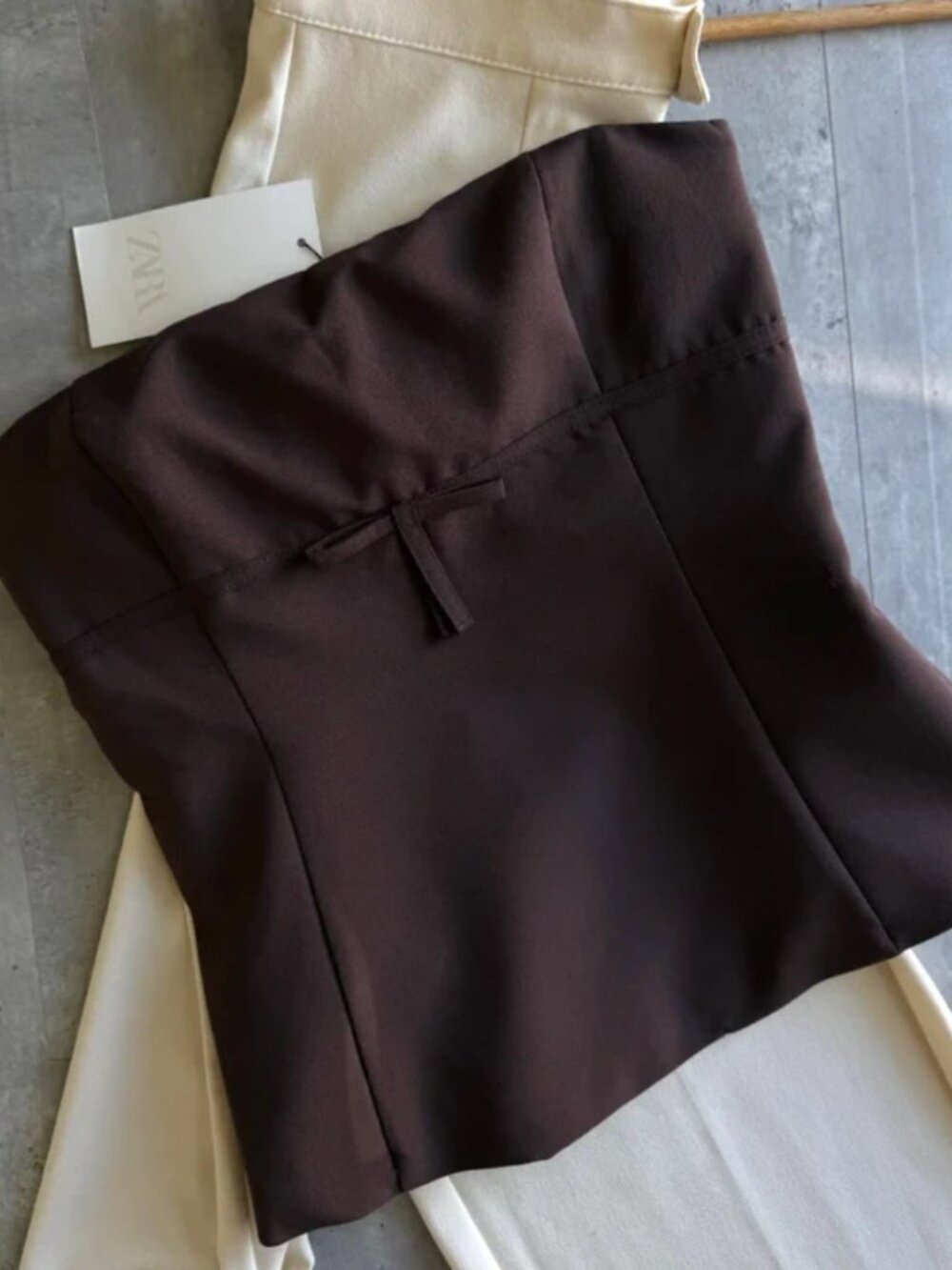 Zara Brown Strapless Bustier Top with Cream Detail